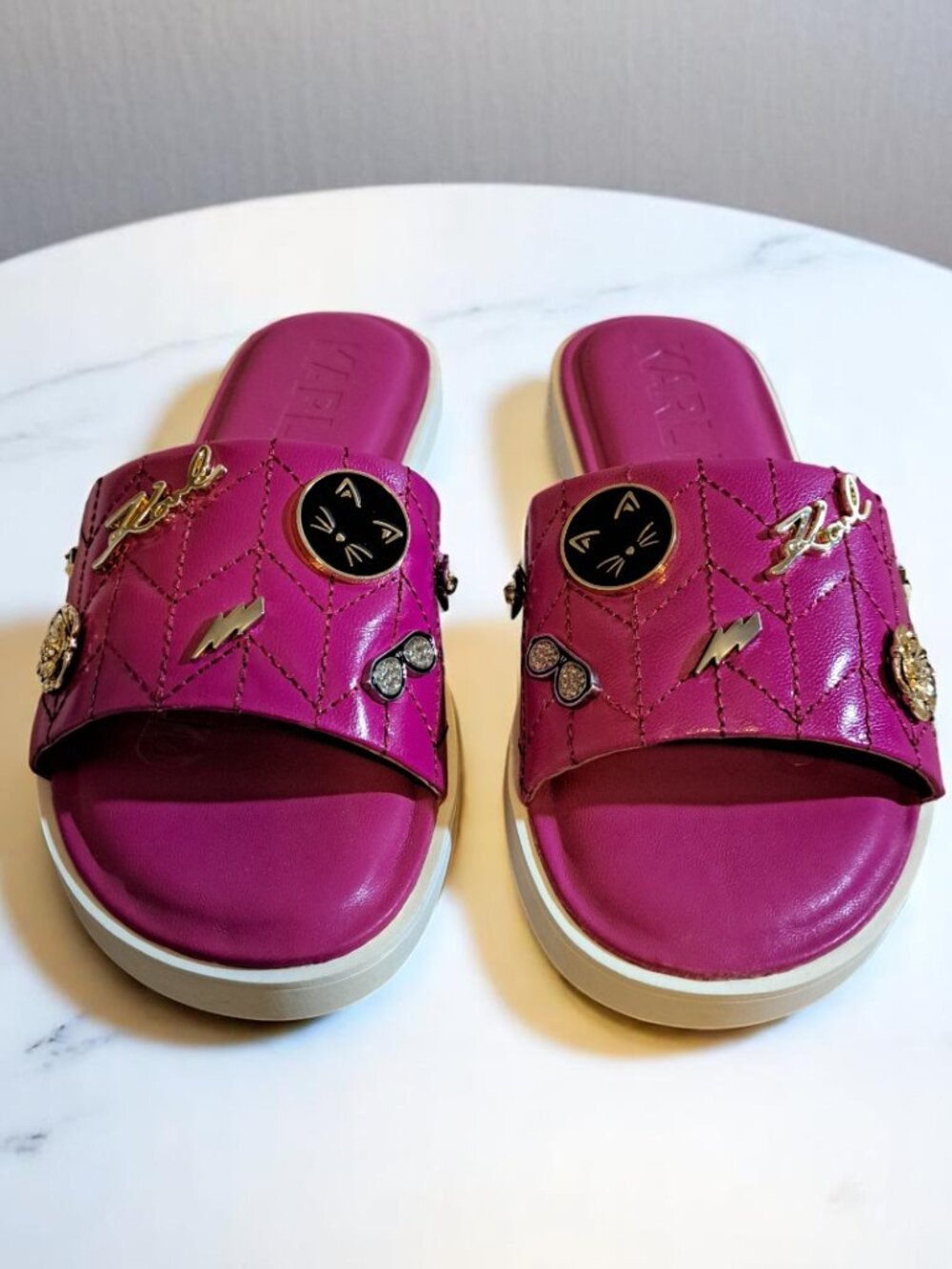 Karl Lagerfeld Paris Women's Pink Carenza Pins Flat Sandals Size 5M NWT